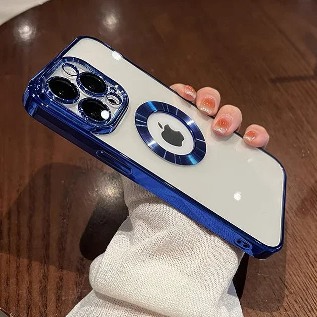 Luxury Plating Charm Logo Hole Hollow Case For iPhone15 14 13 11 12 Pro Soft Transparent Shockproof Cover