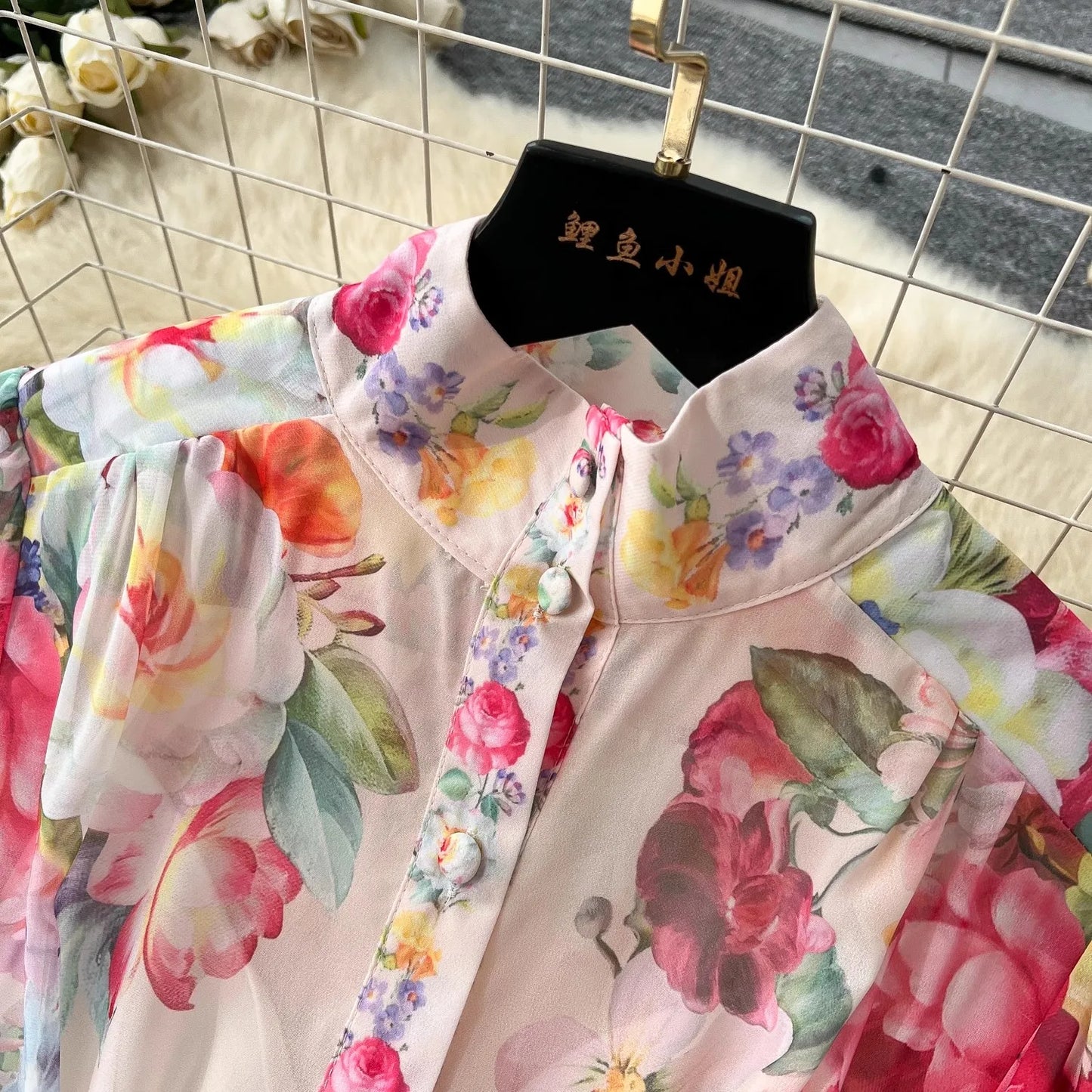 2025 Summer Holiday Chiffon Gorgeous Flower Maxi Dress Women's Stand Long Lantern Sleeve Sashes Floral Print Loose Robe Vestidos