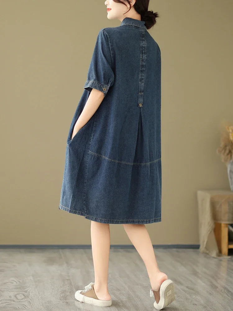 Woman Dress Vestidos Robe Elbise Loose Plus Size Fashion Polo Short Sleeve Denim Dresses