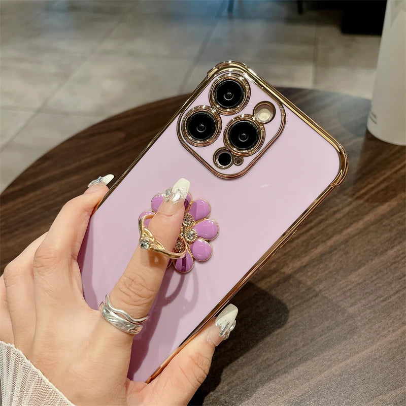 Luxury Plating Fashion Flash Holder Stand Phone Case For iPhone 11 12 13 14 15 16 Pro Max Soft Bumper Protector On 14 Plus Cover