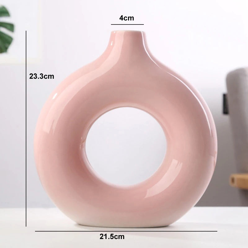 Nordic Vase Circular Hollow Ceramic Donuts Flowerpot