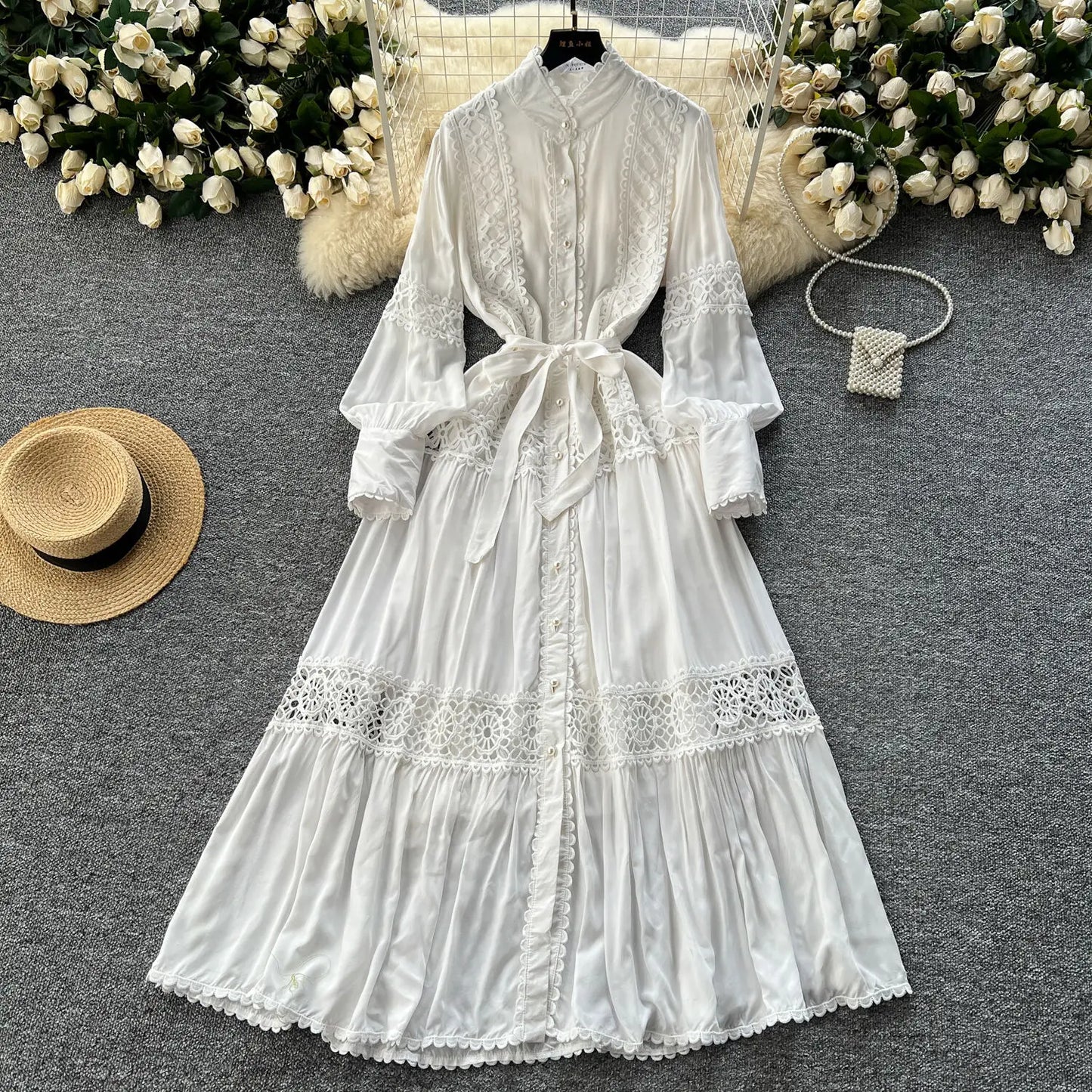 Women Lace Patchwork Pearl Button Single Breast Belt A Line Loose Party Vestidos