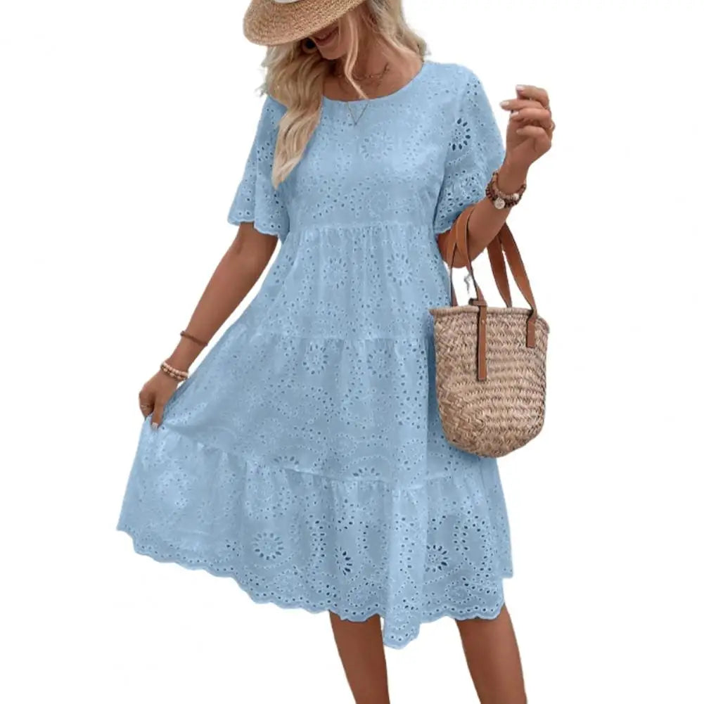 Women's Long Simple Casual Solid Hollow Out Pure Cotton Holiday Style High Waist Fashion Mid-Calf Summer Dresses NEW Vestidos