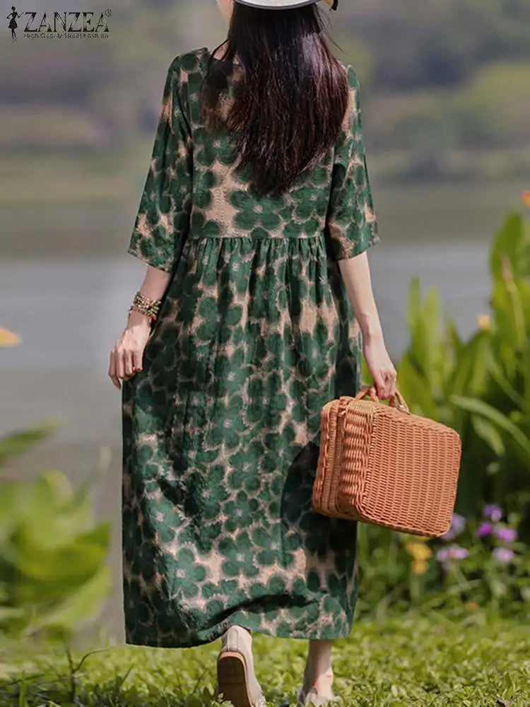 Women Floral Printed Loose Casual Midi Dress