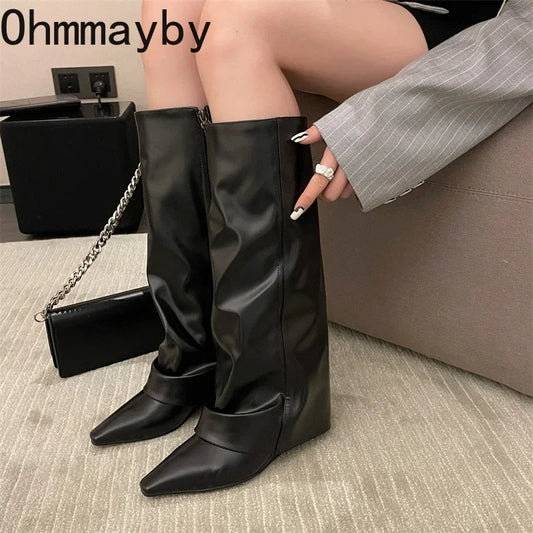 Designer Women Trouser Legs High Boots Fashion Side Zippers Long Boots Thick High Heels