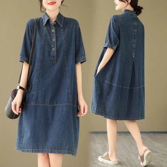 Woman Dress Vestidos Robe Elbise Loose Plus Size Fashion Polo Short Sleeve Denim Dresses