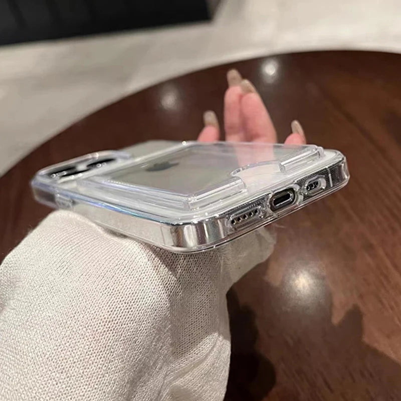 Luxury Crystal Clear Card Slot Wallet Holder Case For iPhone 16 15 14 12 13 11 Pro Max Plus Transparent Shockproof Acrylic Cover