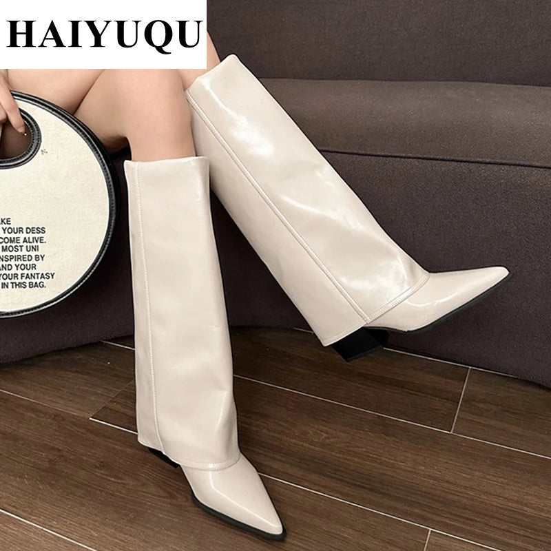 Knee High Heels Women Boots Leather