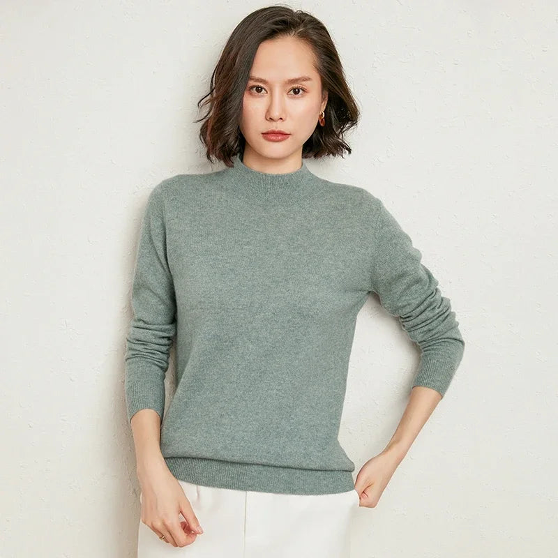 Casual Spring Autumn Women Sweater 2024 Knitted Pullovers Mock Neck Solid Cashmere Knit