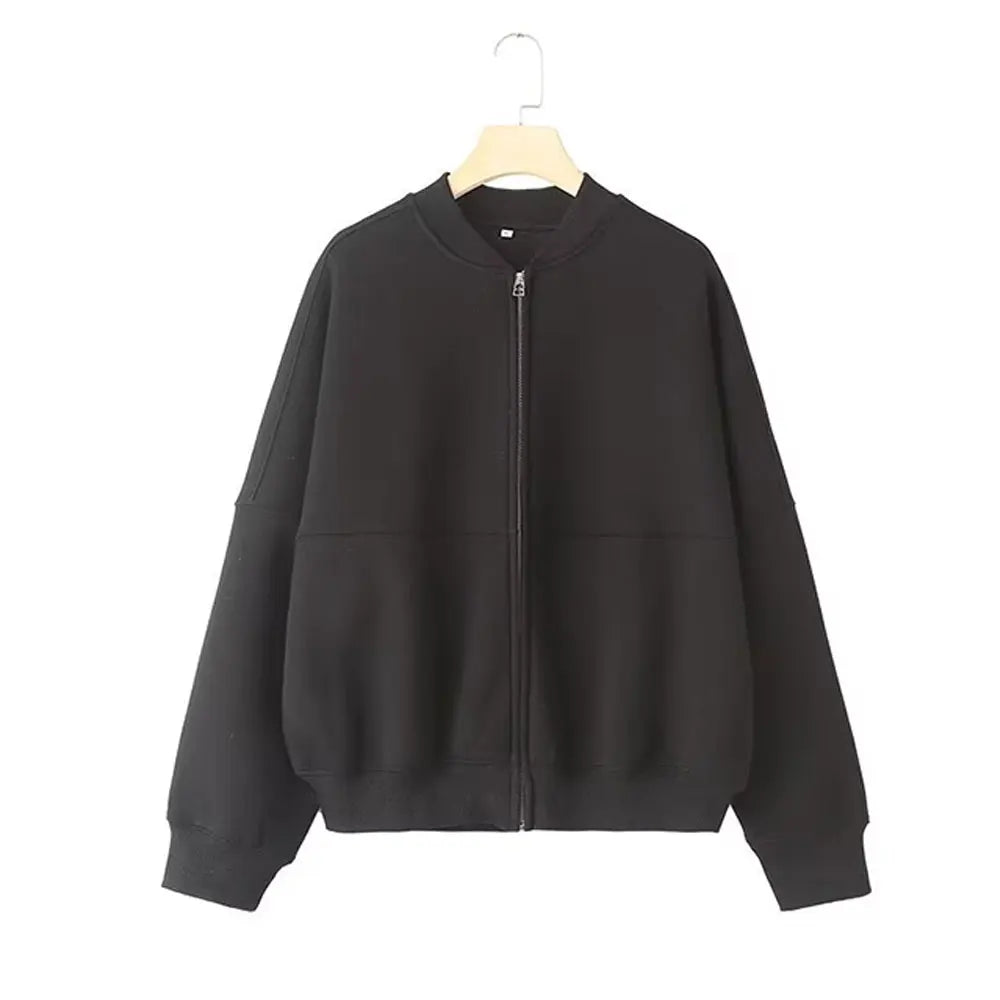 TRAFZA Women's Fall 2-Piece Retro Solid Color Zip Bomber Jacket Sweatshirt+High Waist Lace Up Women's Wide Leg Pants Street Wear