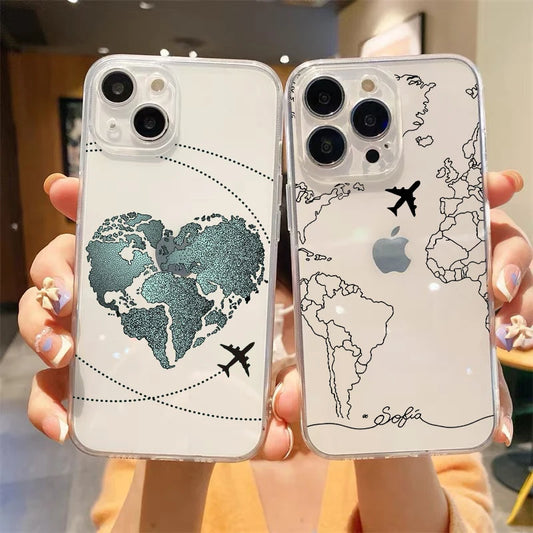 Fashion Planes World Map Travel Luxury Transparent Phone Case For iPhone 15 14 13 12 mini 11 Pro Max  Cover