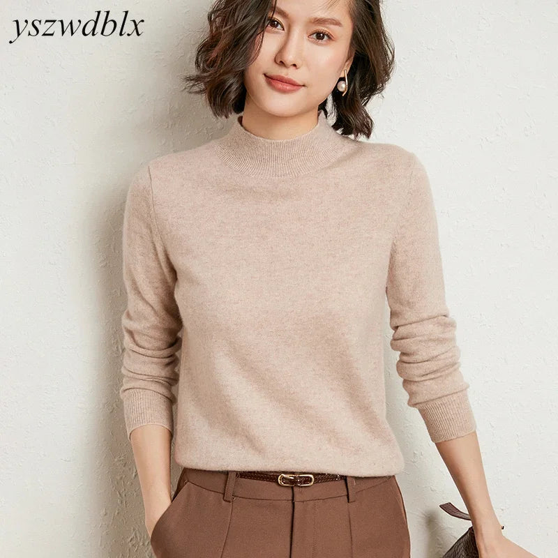 Casual Spring Autumn Women Sweater 2024 Knitted Pullovers Mock Neck Solid Cashmere Knit