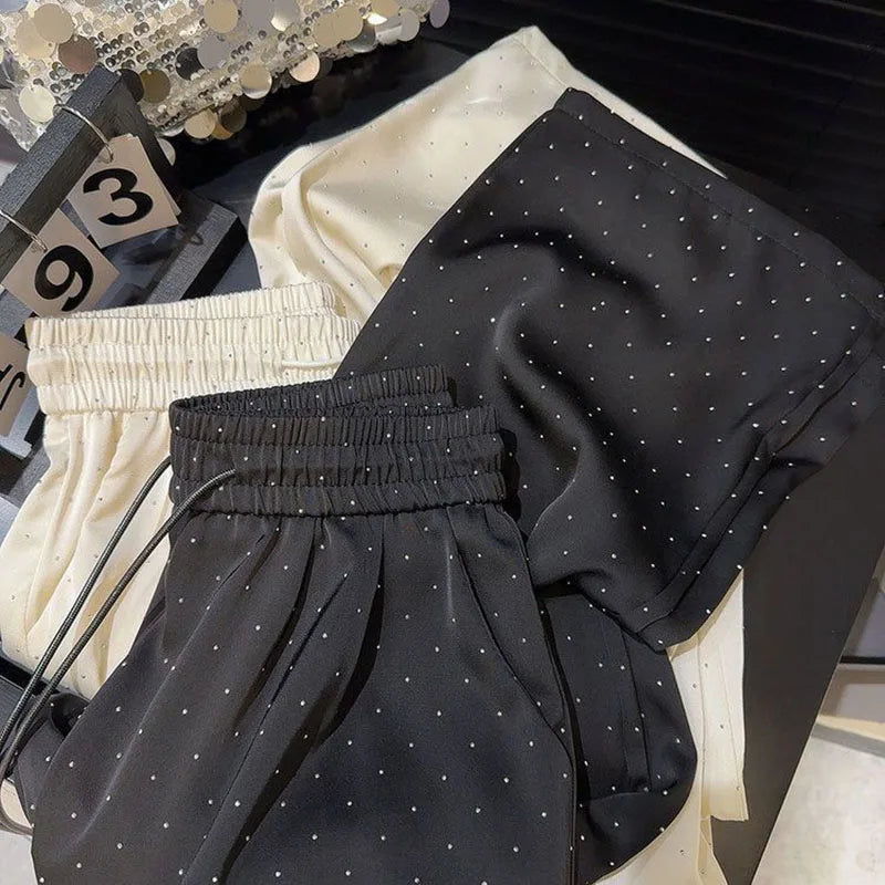 Lucyever High Quality Luxury Full Rhinestone Straight Pants Women Fashion High Waist Loose Wide Leg Trousers Solid Casual Pants
