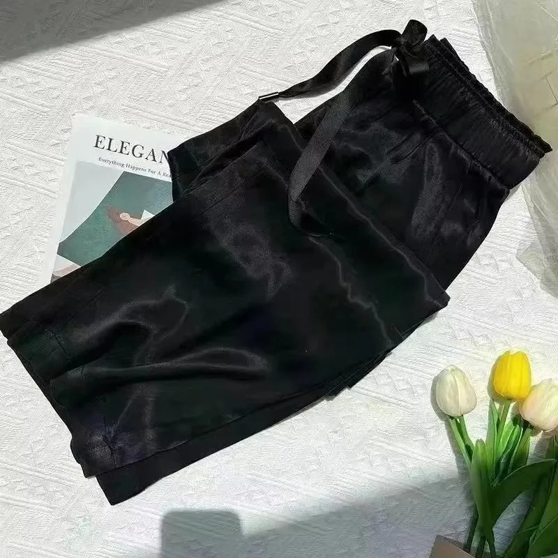 Acetic Acid Ice Silk Wide Leg Pants 2025 New Summer Thin Satin Casual Pants Women's High Waisted Straight Leg Pants Long Trouser