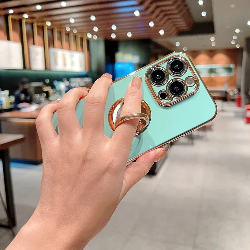 Luxury Magnetic Plating Silicone Case For iPhone 16 15 14 13 12 11 Pro Max  Cover With Ring Holder