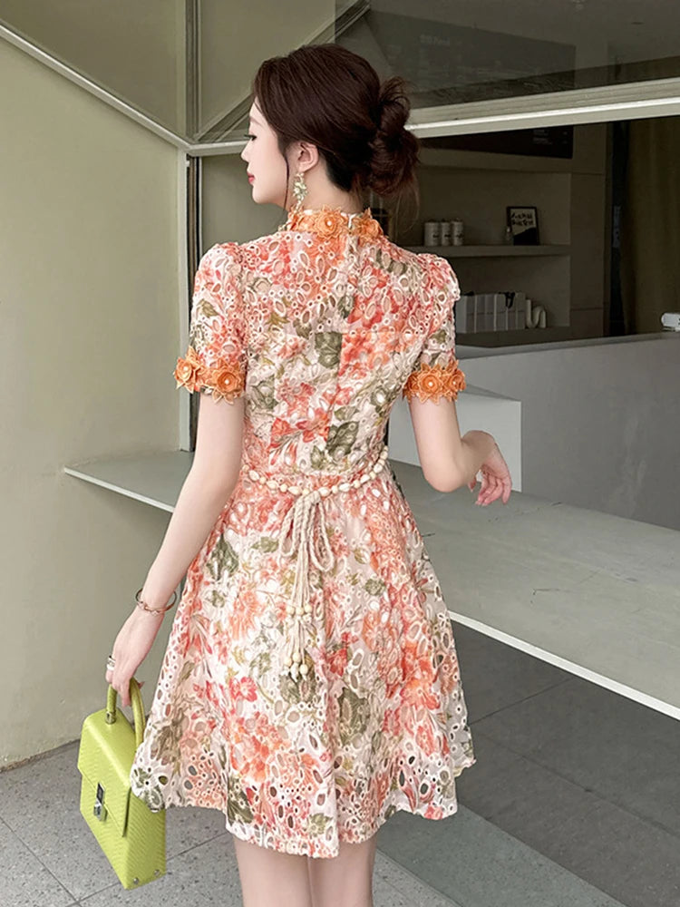 Elegant Cute Floral Lace Dress Women Clothes Gentle Hollow Flowers Short Sleeve Belt Gown Femme Date Party Prom Vestidos Fiesta