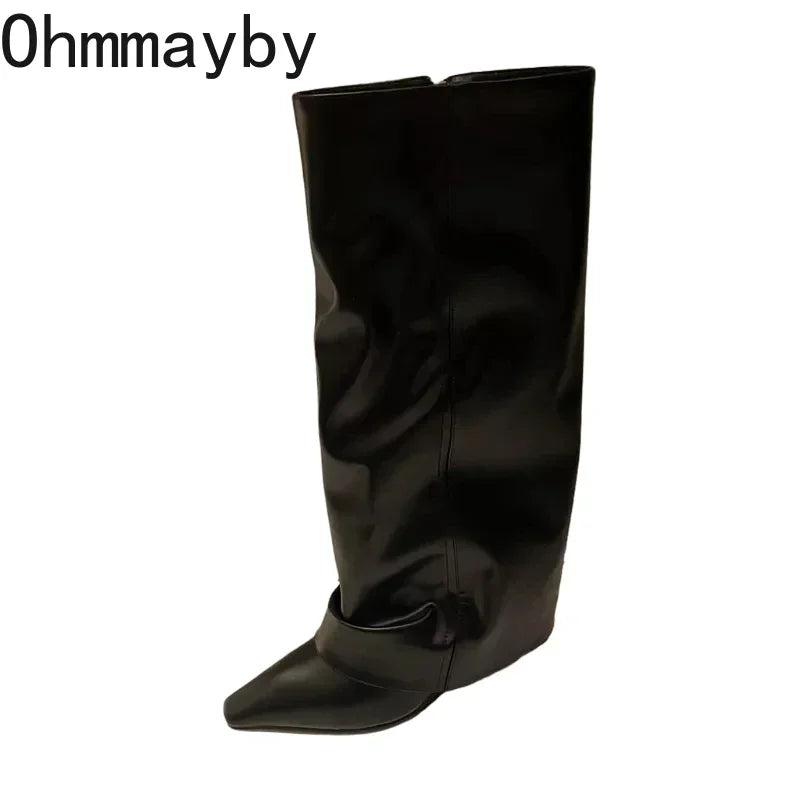 Designer Women Trouser Legs High Boots Fashion Side Zippers Long Boots Thick High Heels