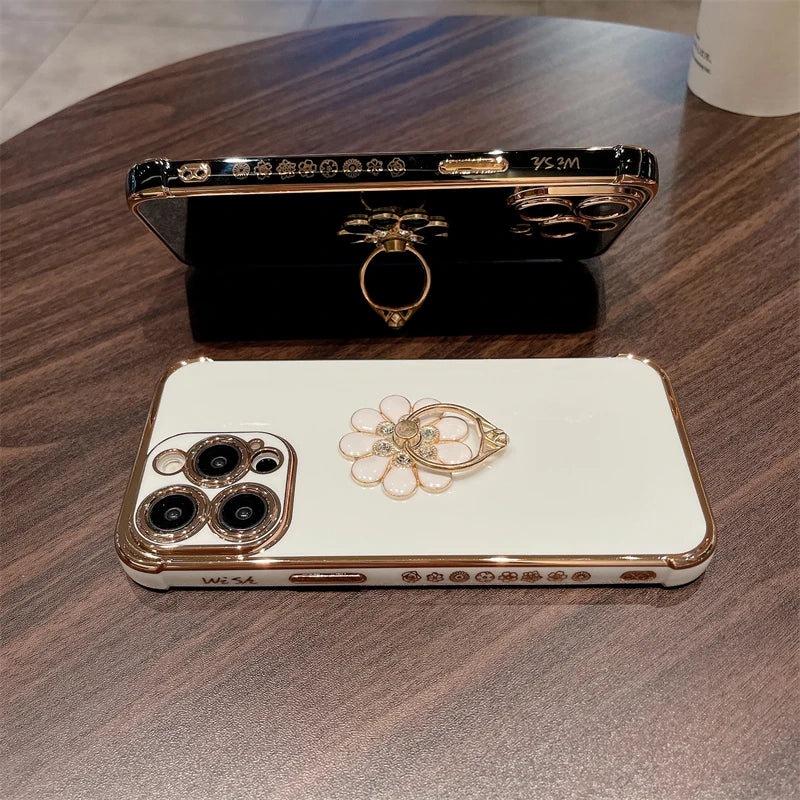 Luxury Plating Fashion Flash Holder Stand Phone Case For iPhone 11 12 13 14 15 16 Pro Max Soft Bumper Protector On 14 Plus Cover