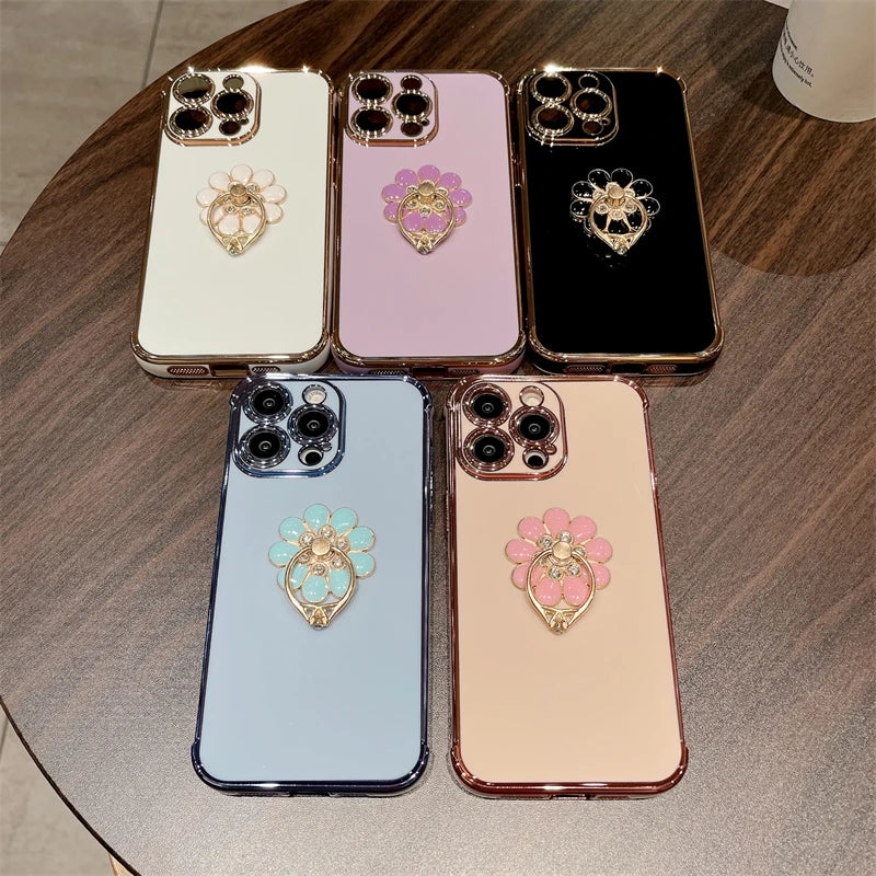 Luxury Plating Fashion Flash Holder Stand Phone Case For iPhone 11 12 13 14 15 16 Pro Max Soft Bumper Protector On 14 Plus Cover
