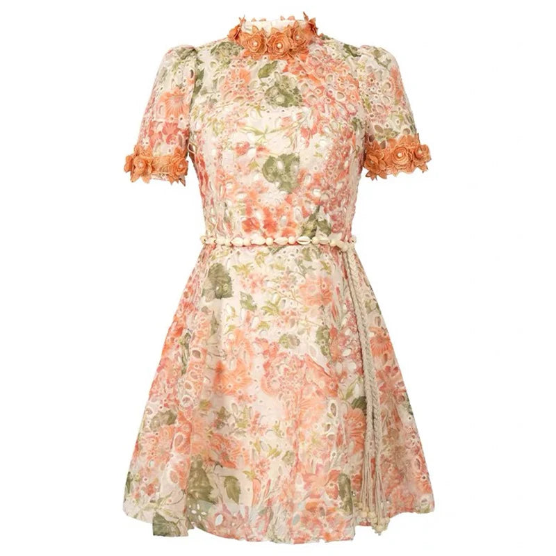 Elegant Cute Floral Lace Dress Women Clothes Gentle Hollow Flowers Short Sleeve Belt Gown Femme Date Party Prom Vestidos Fiesta