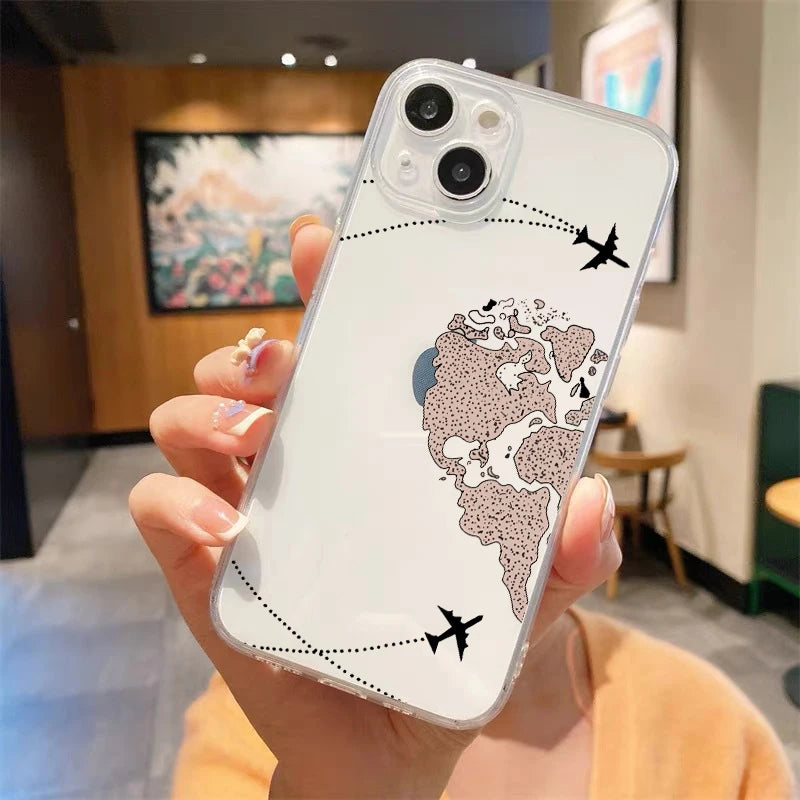 Fashion Planes World Map Travel Luxury Transparent Phone Case For iPhone 15 14 13 12 mini 11 Pro Max  Cover