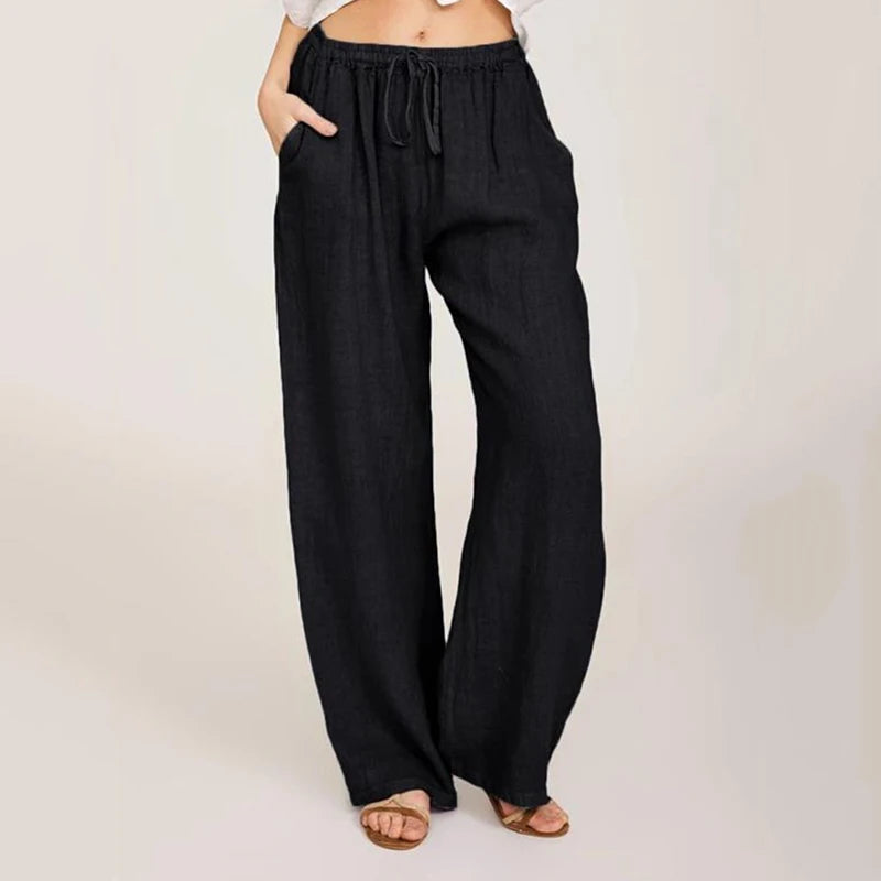 Epligg Summer Autumn Cotton Linen Wide Leg Pants for Women Pants Full Length Casual Pants Female Solid Loose Straight Trousers