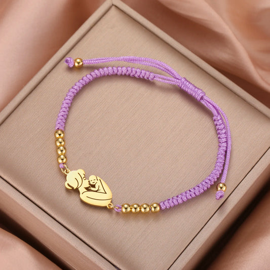 Teamer Stainless Steel Baby Mom Beads Charm Bracelet Red Black Purple Rope Bracelets Family Jewelry for Women Mother's Day Gift
