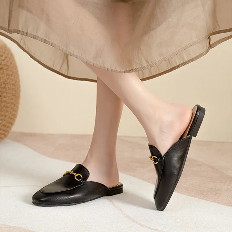 2025 Summer Women's Closed-Toe Flat Mules Horsebit Loafers Casual Stylish Slippers for Outdoor Wear