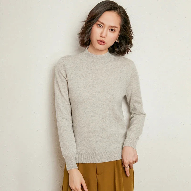 Casual Spring Autumn Women Sweater 2024 Knitted Pullovers Mock Neck Solid Cashmere Knit