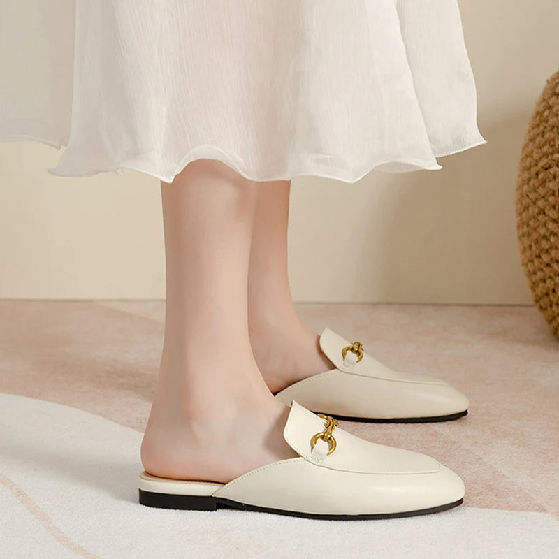 2025 Summer Women's Closed-Toe Flat Mules Horsebit Loafers Casual Stylish Slippers for Outdoor Wear