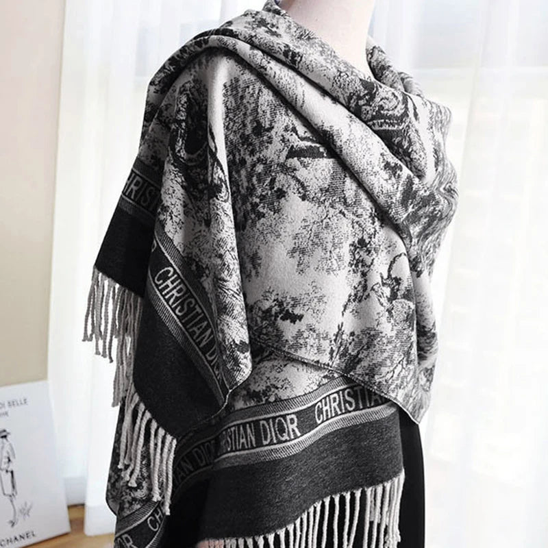 2024 Women's New Scarf Ink Color Printing Black border Shawl with White Tassels Winter Outdoor Warm Muslim Female Pashmina