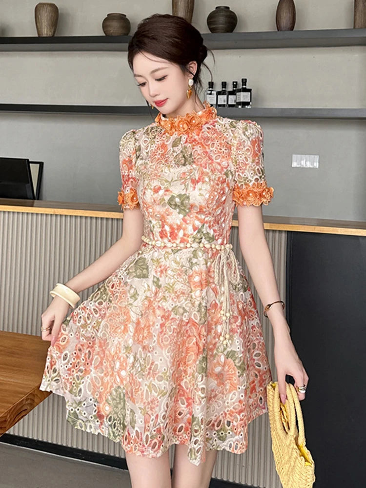 Elegant Cute Floral Lace Dress Women Clothes Gentle Hollow Flowers Short Sleeve Belt Gown Femme Date Party Prom Vestidos Fiesta