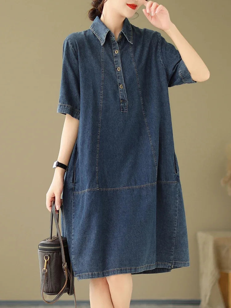 Woman Dress Vestidos Robe Elbise Loose Plus Size Fashion Polo Short Sleeve Denim Dresses
