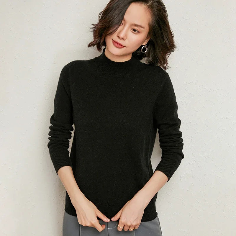 Casual Spring Autumn Women Sweater 2024 Knitted Pullovers Mock Neck Solid Cashmere Knit