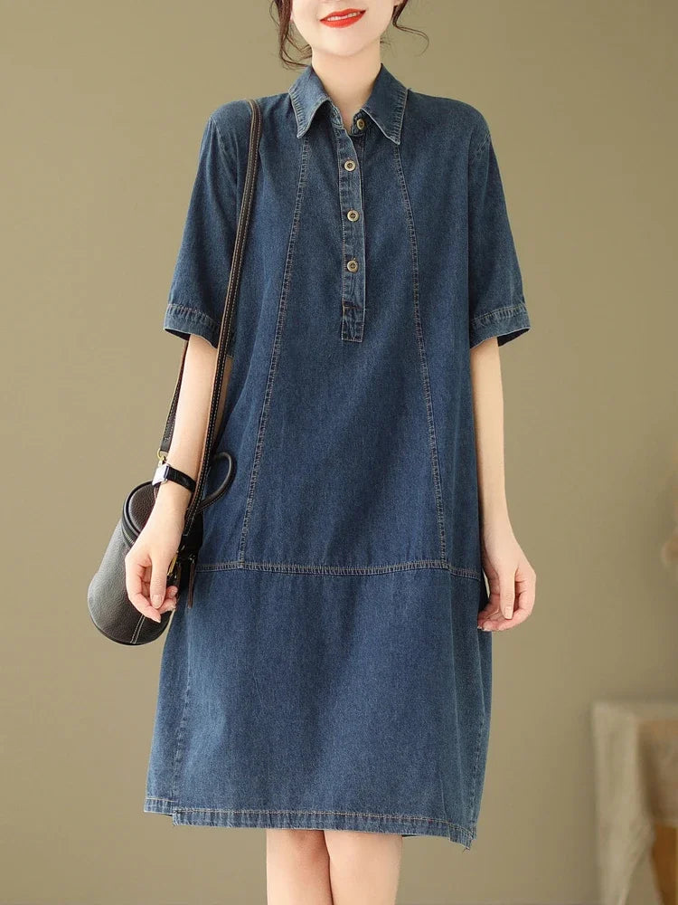 Woman Dress Vestidos Robe Elbise Loose Plus Size Fashion Polo Short Sleeve Denim Dresses