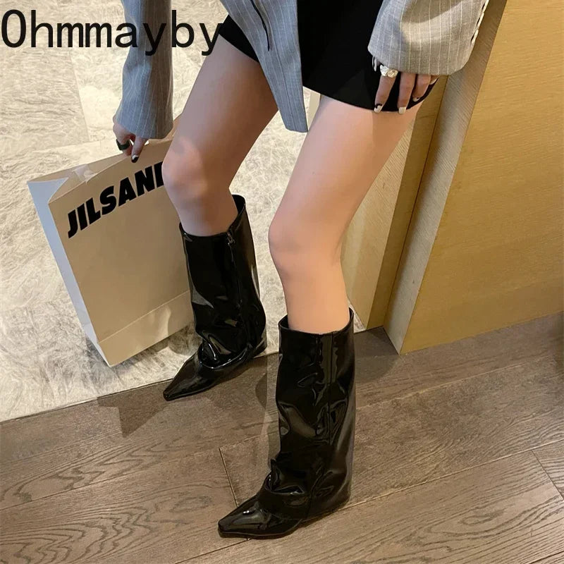 Designer Women Trouser Legs High Boots Fashion Side Zippers Long Boots Thick High Heels