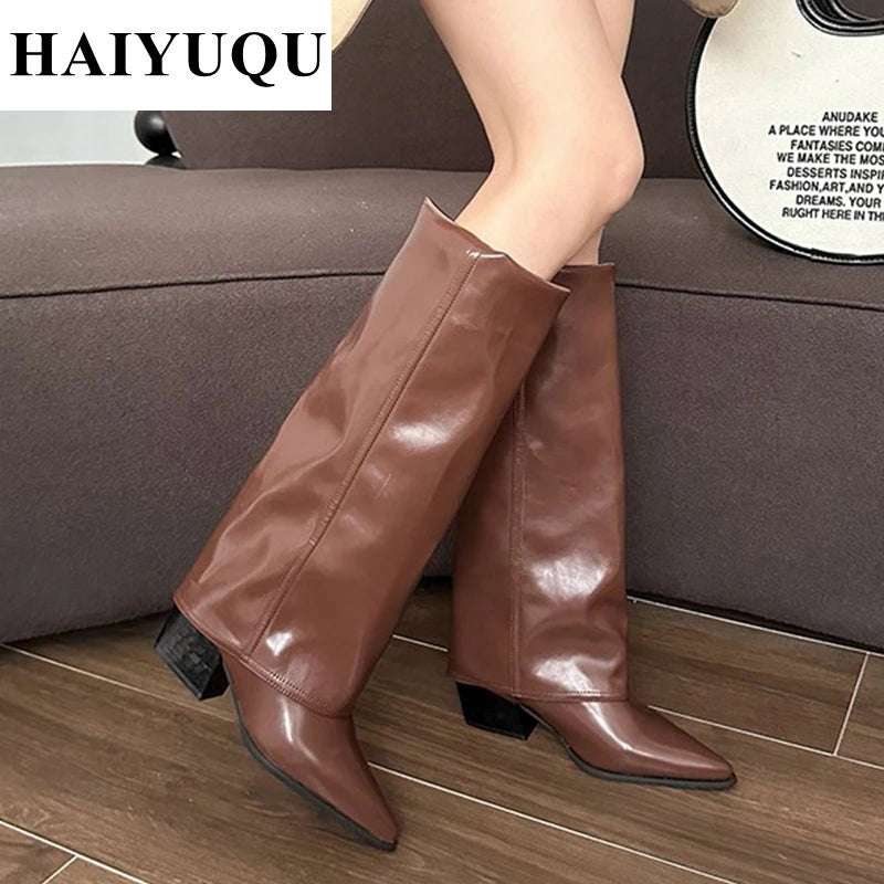 Knee High Heels Women Boots Leather
