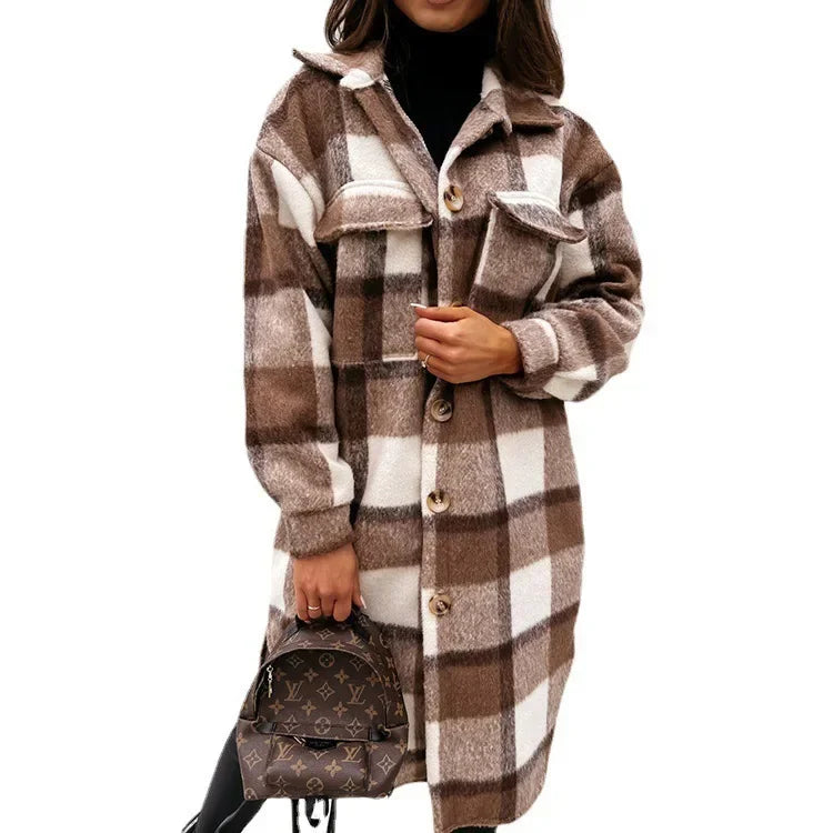Winter Women's Clothing Long Sleeve Woolen Plaid Overcoat Coat