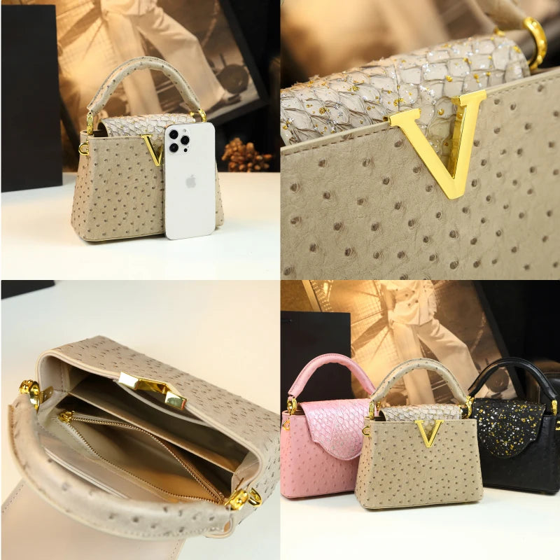 Letter Small Shoulder Crossbody Bag Pink Ostrich Print Portable Messenger Shell Bags 2024 New