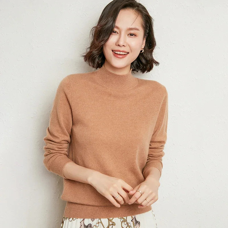 Casual Spring Autumn Women Sweater 2024 Knitted Pullovers Mock Neck Solid Cashmere Knit