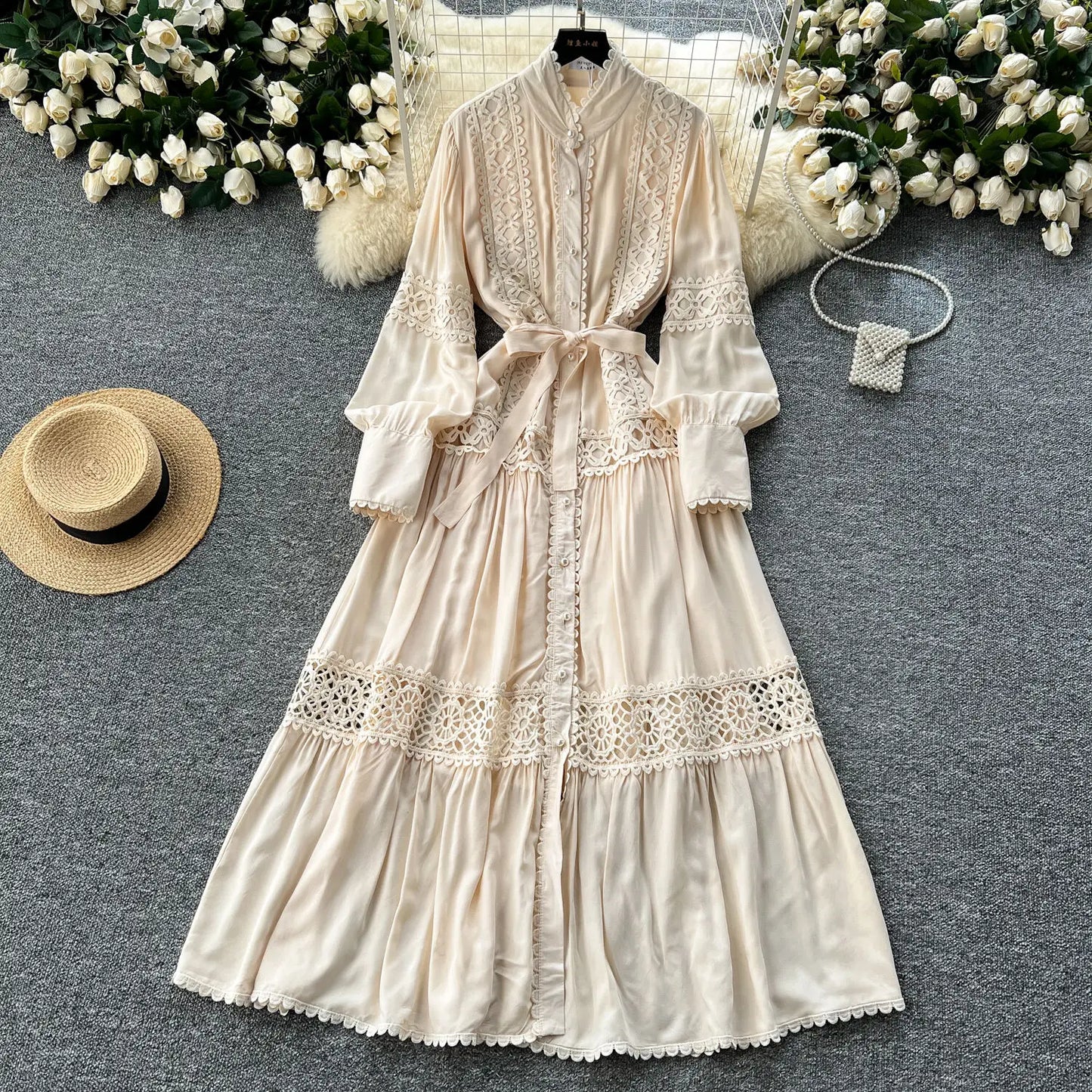 Women Lace Patchwork Pearl Button Single Breast Belt A Line Loose Party Vestidos