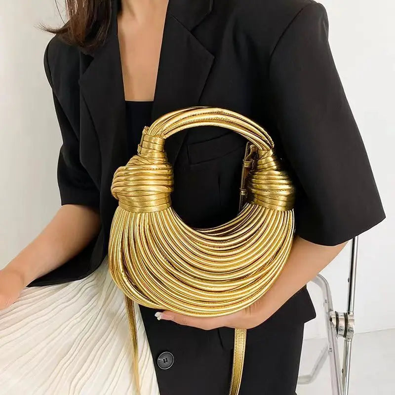 Luxury Designer Brand Handwoven Noodle Bags Rope Knotted Pulled Hobo Silver Evening Clutch