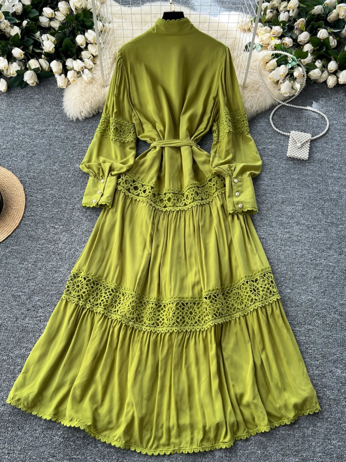 Women Lace Patchwork Pearl Button Single Breast Belt A Line Loose Party Vestidos