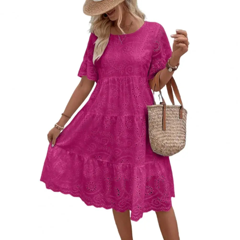 Women's Long Simple Casual Solid Hollow Out Pure Cotton Holiday Style High Waist Fashion Mid-Calf Summer Dresses NEW Vestidos