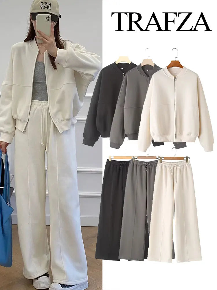 TRAFZA Women's Fall 2-Piece Retro Solid Color Zip Bomber Jacket Sweatshirt+High Waist Lace Up Women's Wide Leg Pants Street Wear