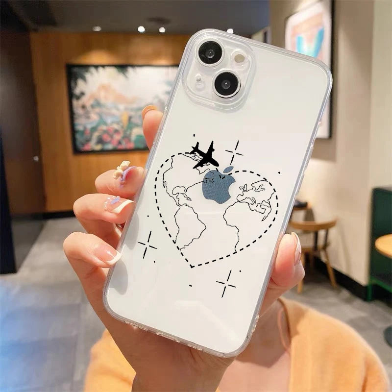 Fashion Planes World Map Travel Luxury Transparent Phone Case For iPhone 15 14 13 12 mini 11 Pro Max  Cover