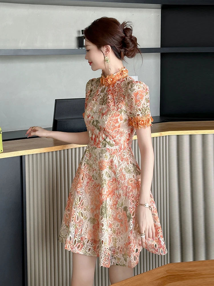 Elegant Cute Floral Lace Dress Women Clothes Gentle Hollow Flowers Short Sleeve Belt Gown Femme Date Party Prom Vestidos Fiesta