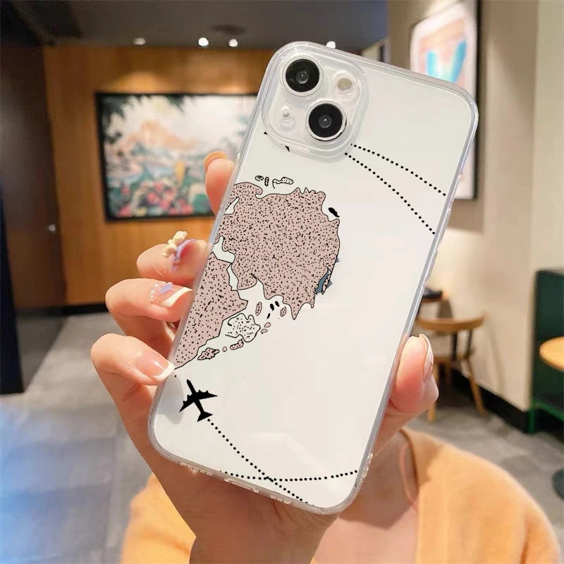 Fashion Planes World Map Travel Luxury Transparent Phone Case For iPhone 15 14 13 12 mini 11 Pro Max  Cover