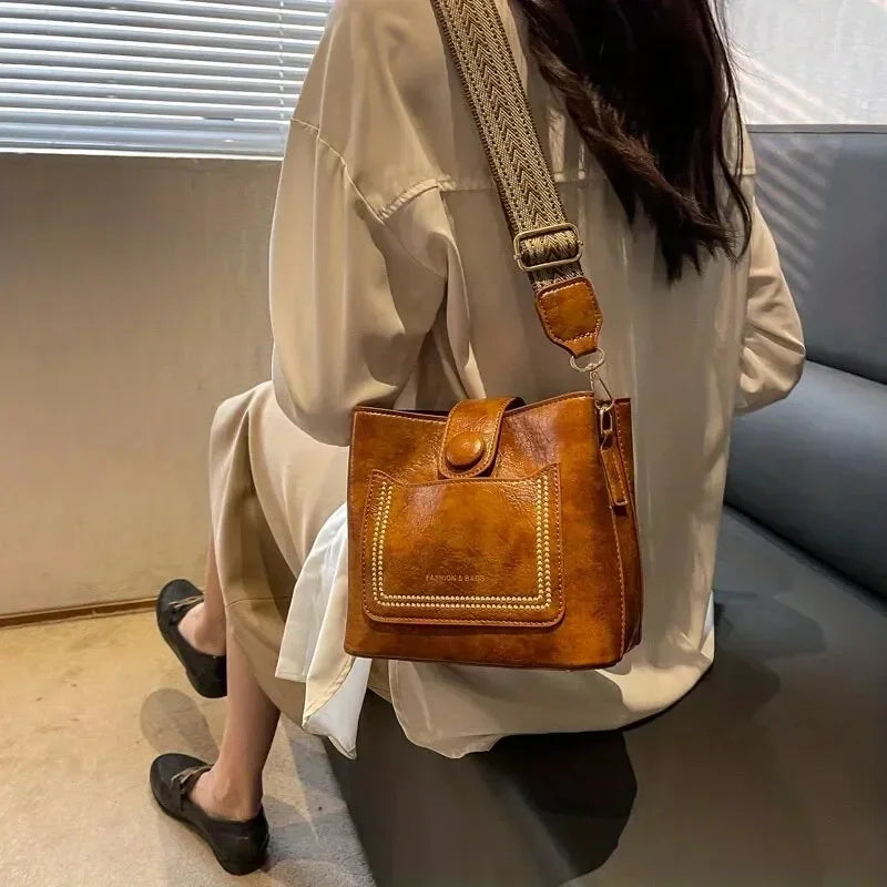Vintage Leather Bucket Crossbody Bags for Women