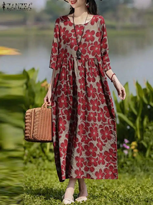 Women Floral Printed Loose Casual Midi Dress